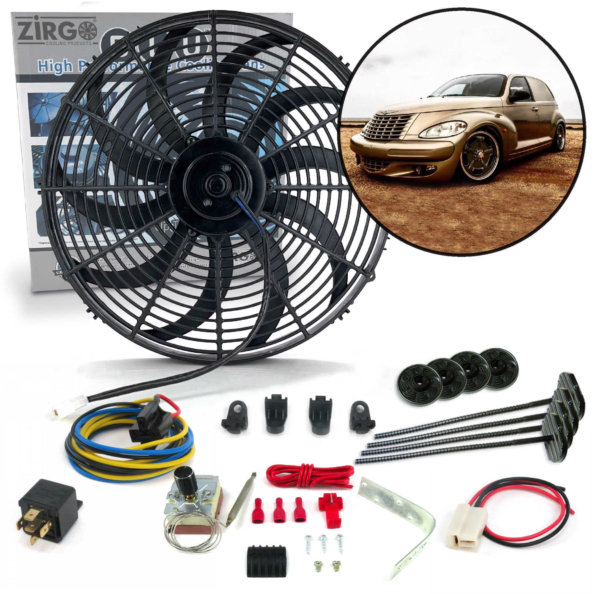 Zirgo High Performance Chrysler PT Cruiser Adjustable 16” Fan Cooling System Kit