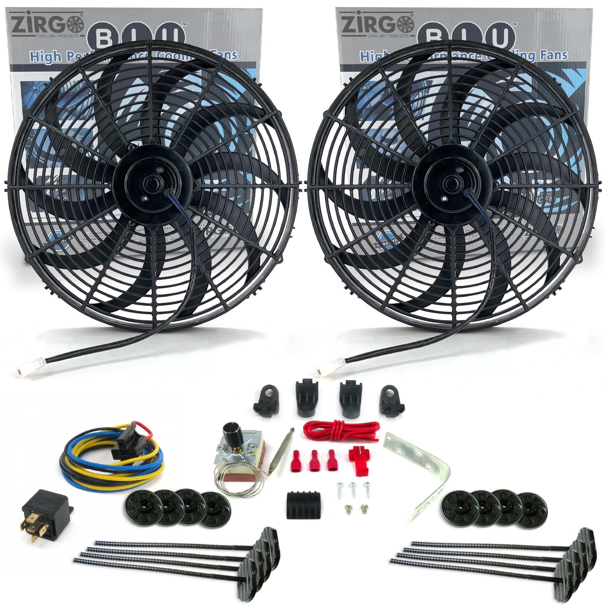 Zirgo Super Cool Pac 2 16” S Blade Fans w/ Adjustable Temp Sensor, Relay Kit 12V