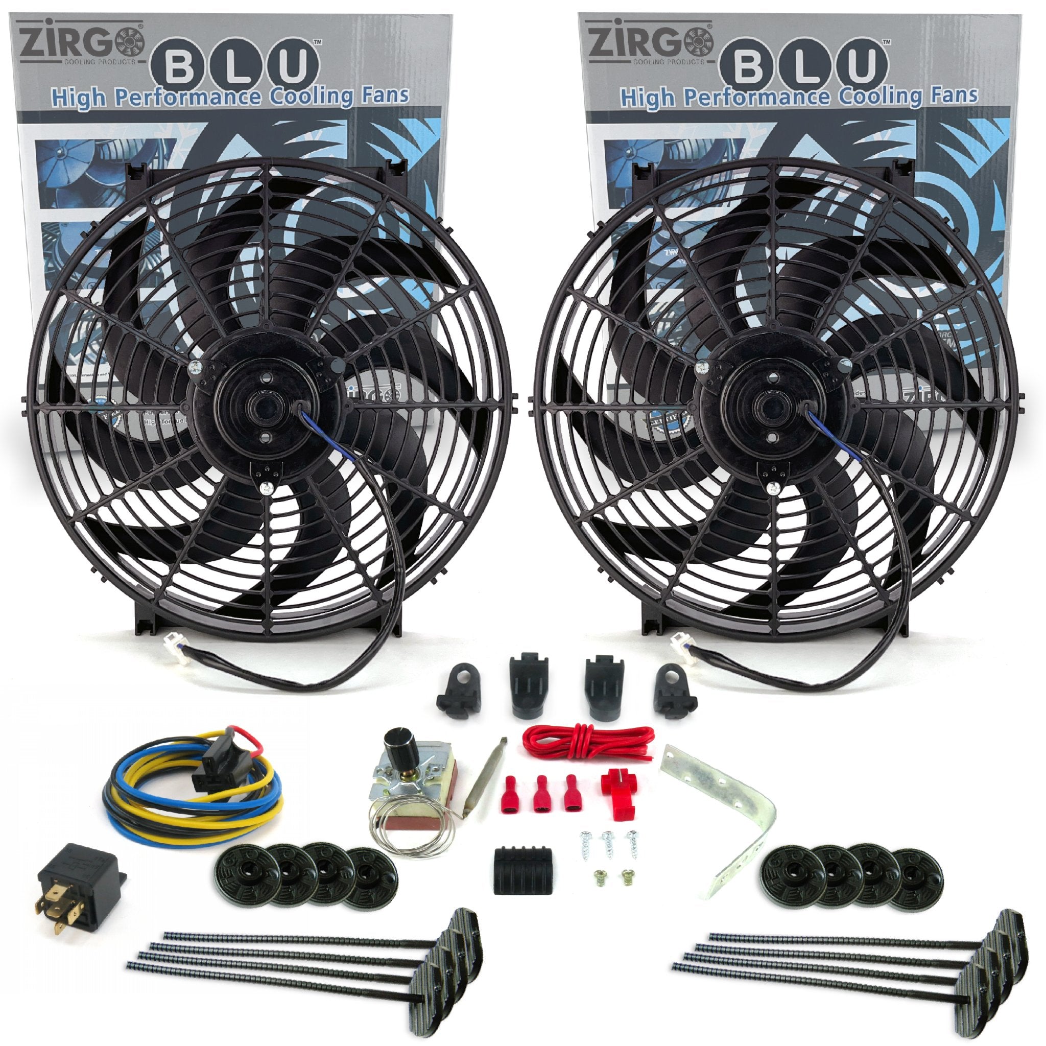 Zirgo Super Cool Pac 2 14” S Blade Fans w/ Adjustable Temp Sensor, Relay Kit 12V