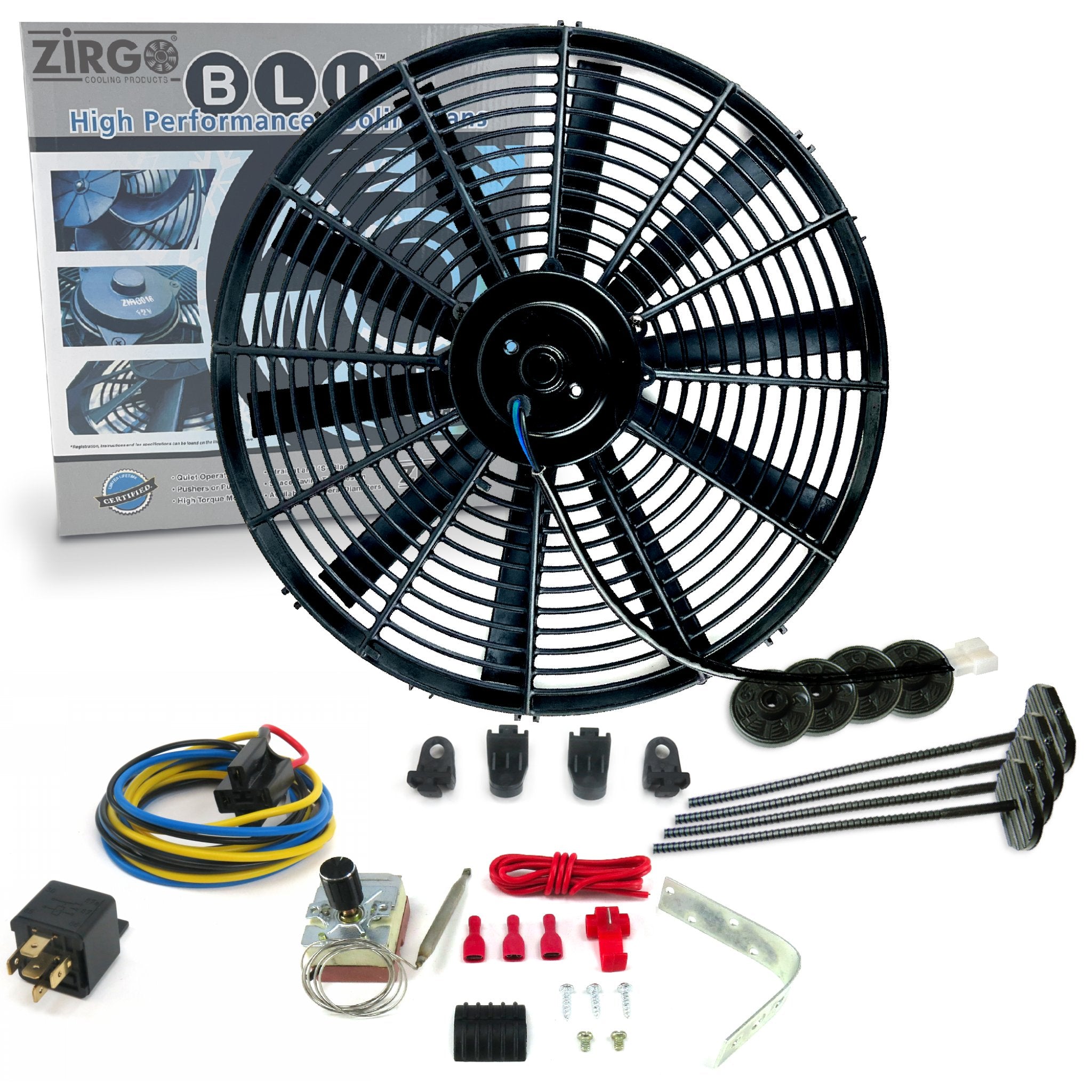 Zirgo Super Cool Pac 16" Straight Blade Fan w/ Adjustable Temp Sensor, Relay Kit