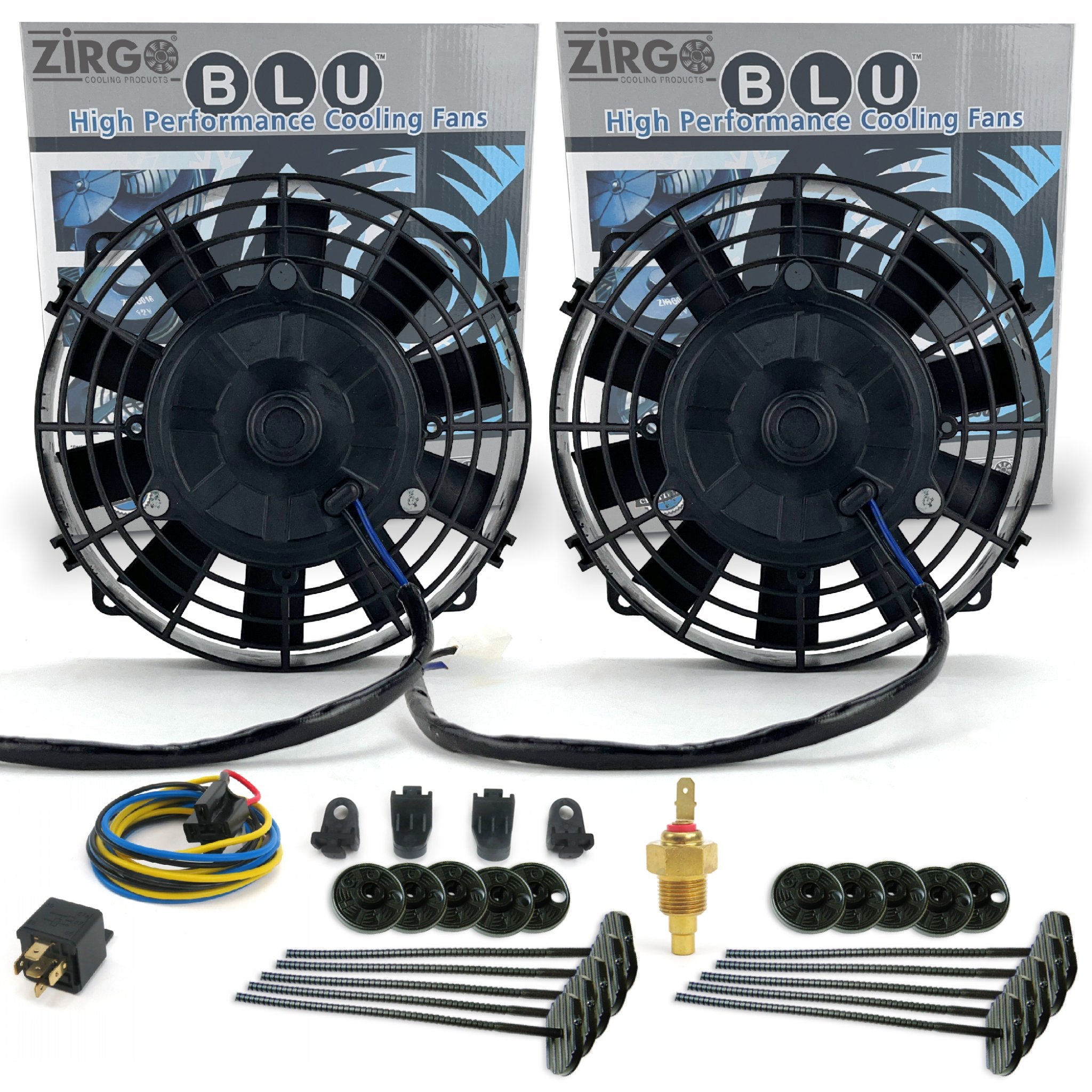 Zirgo Super Cool Pack 2 8" Performance Straight Blade Fans Temp Sensor Relay Kit