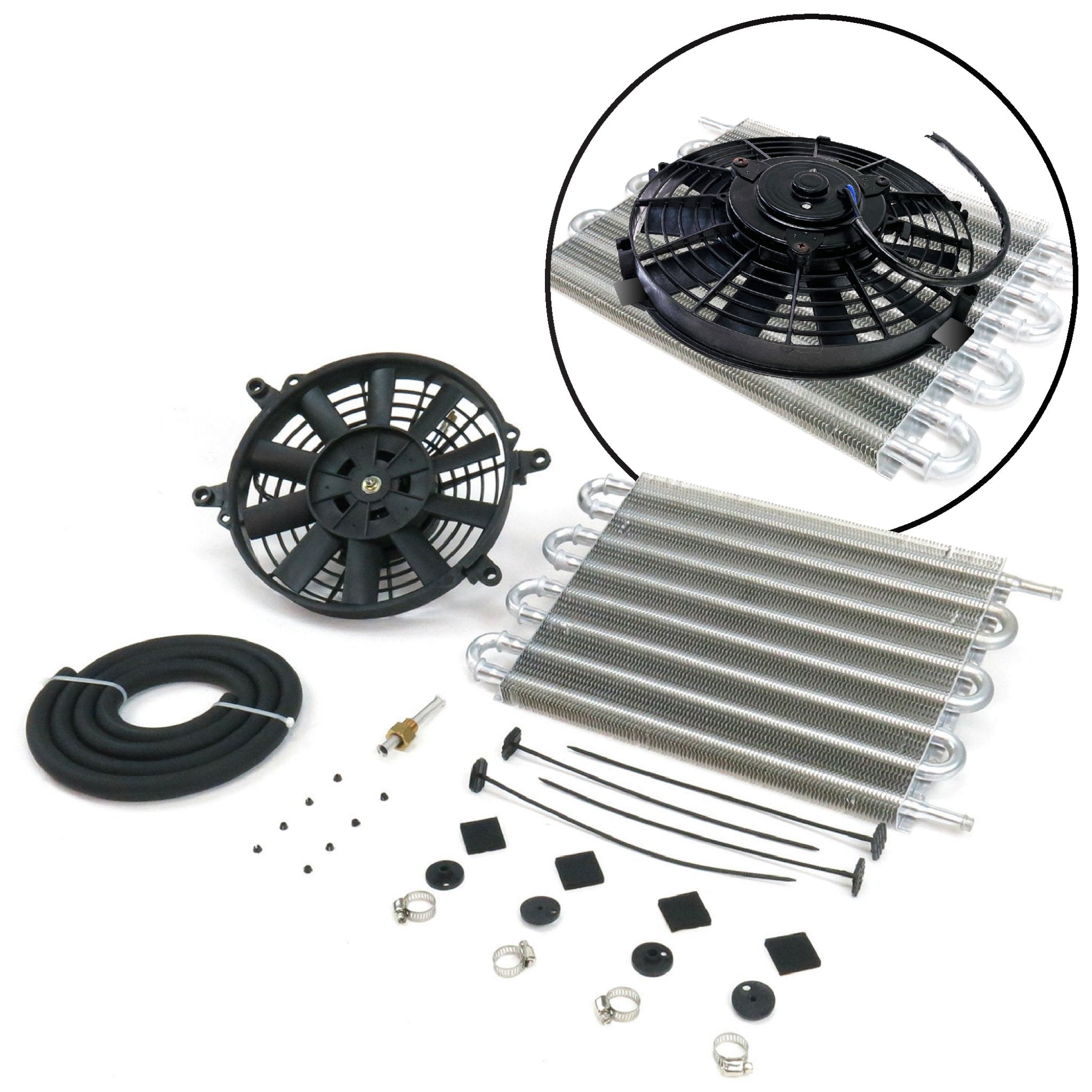 Zirgo Super Cool 15” Oil Cooler w/ 9” Flat Blade Fan Kit -Hose, Clamps, Ties 12V