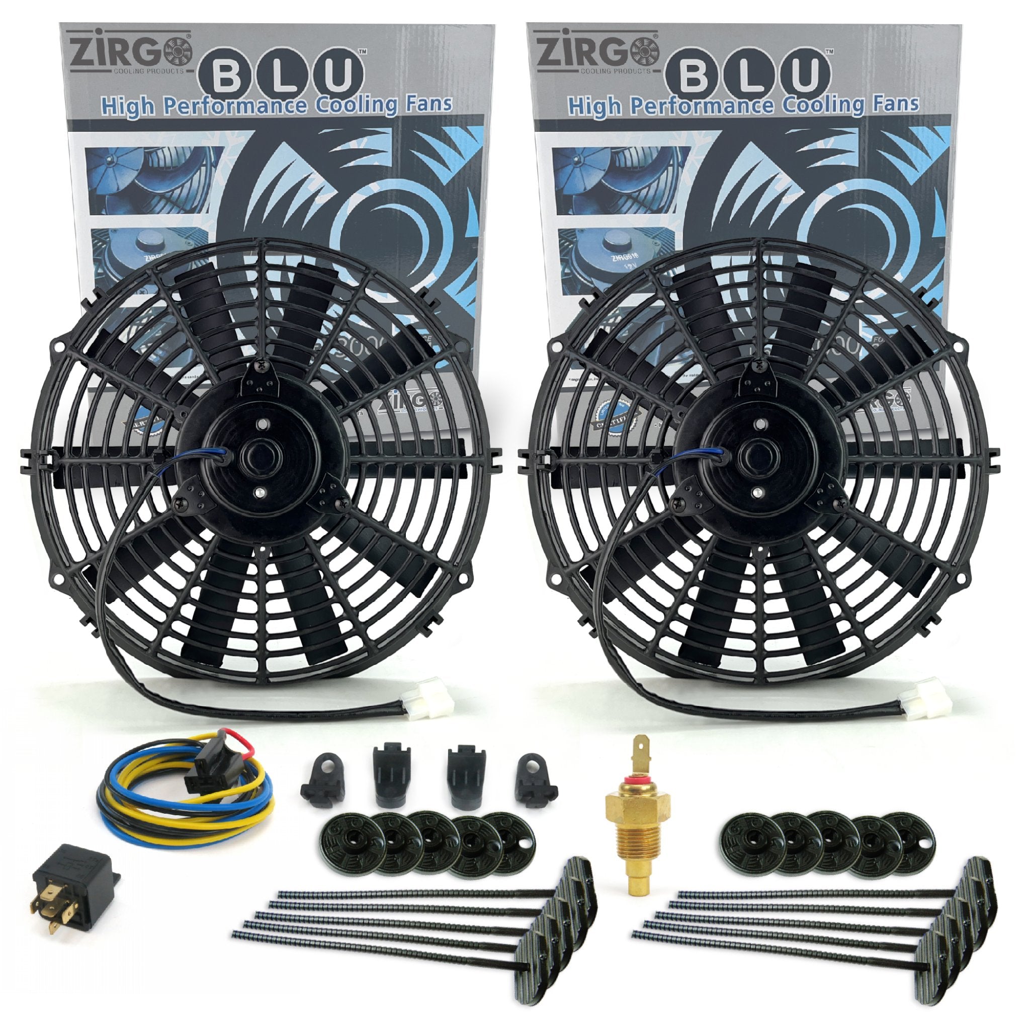 Zirgo Super Cool Pack 2 12" Performance Straight Blade Fan Temp Sensor Relay Kit