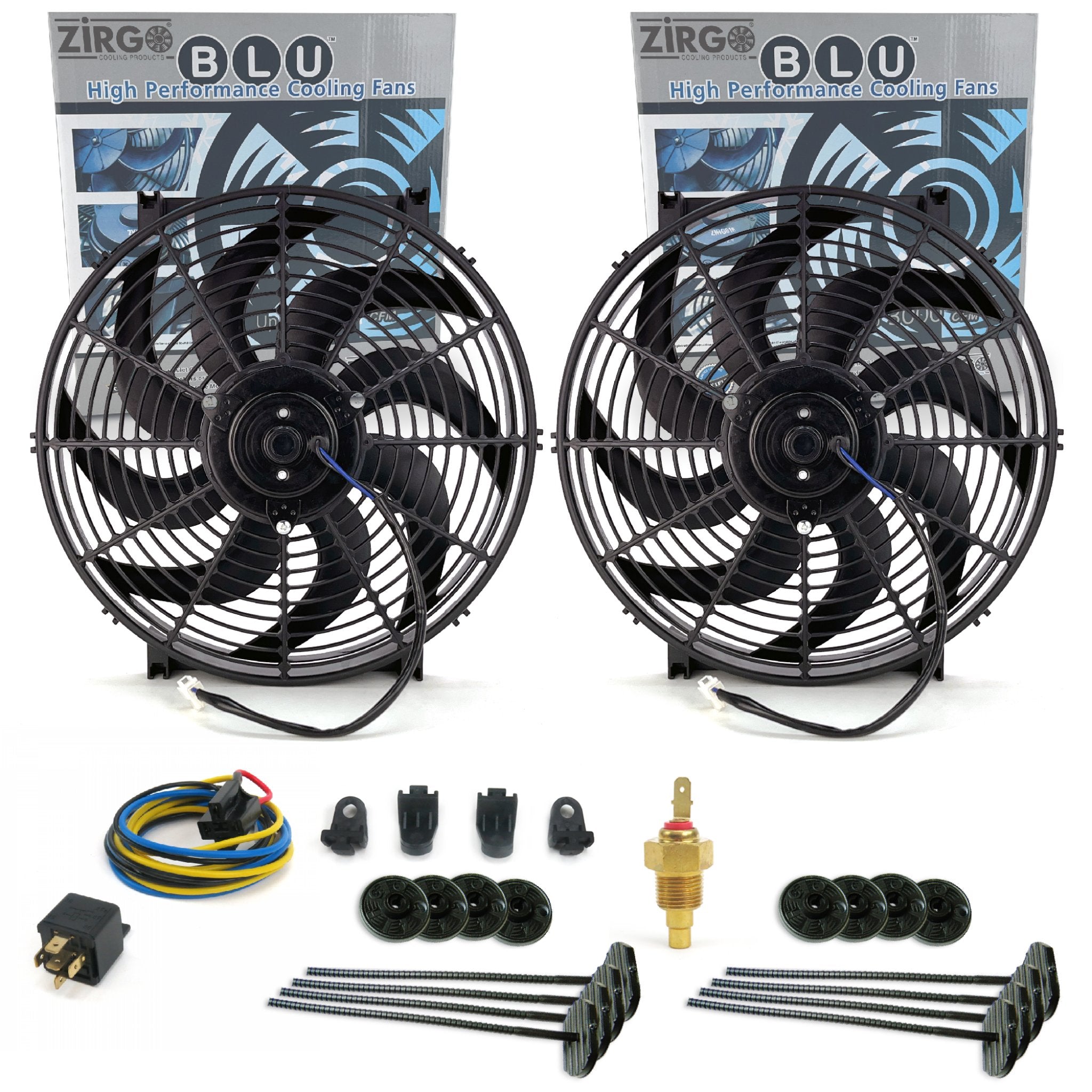 Zirgo Super Cool Pack Twin 14" S Blade Fans - Performance Cooling Kit 12V DC