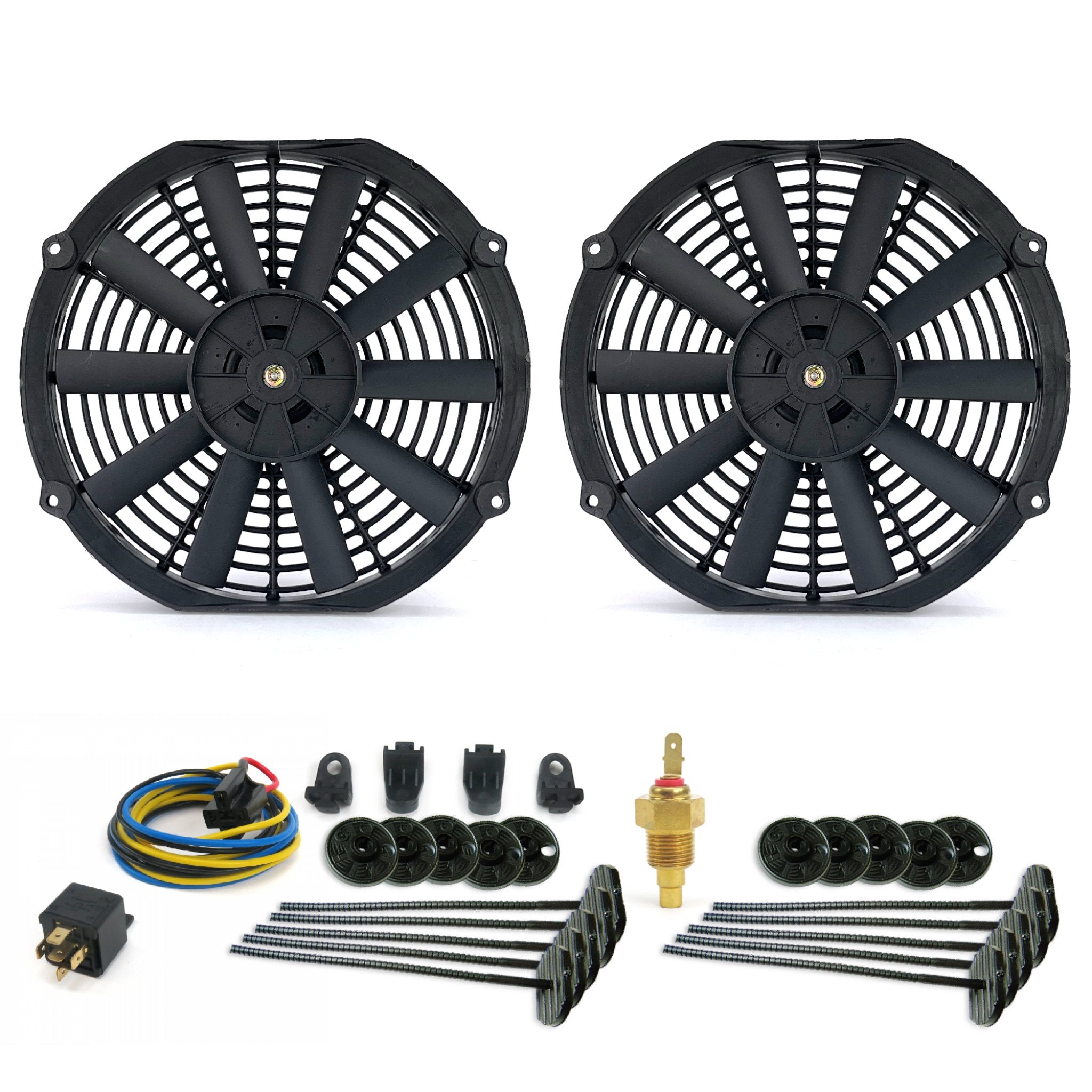 Zirgo Super Cool Pack 2 12" Performance Straight Blade Fan Temp Sensor Relay Kit