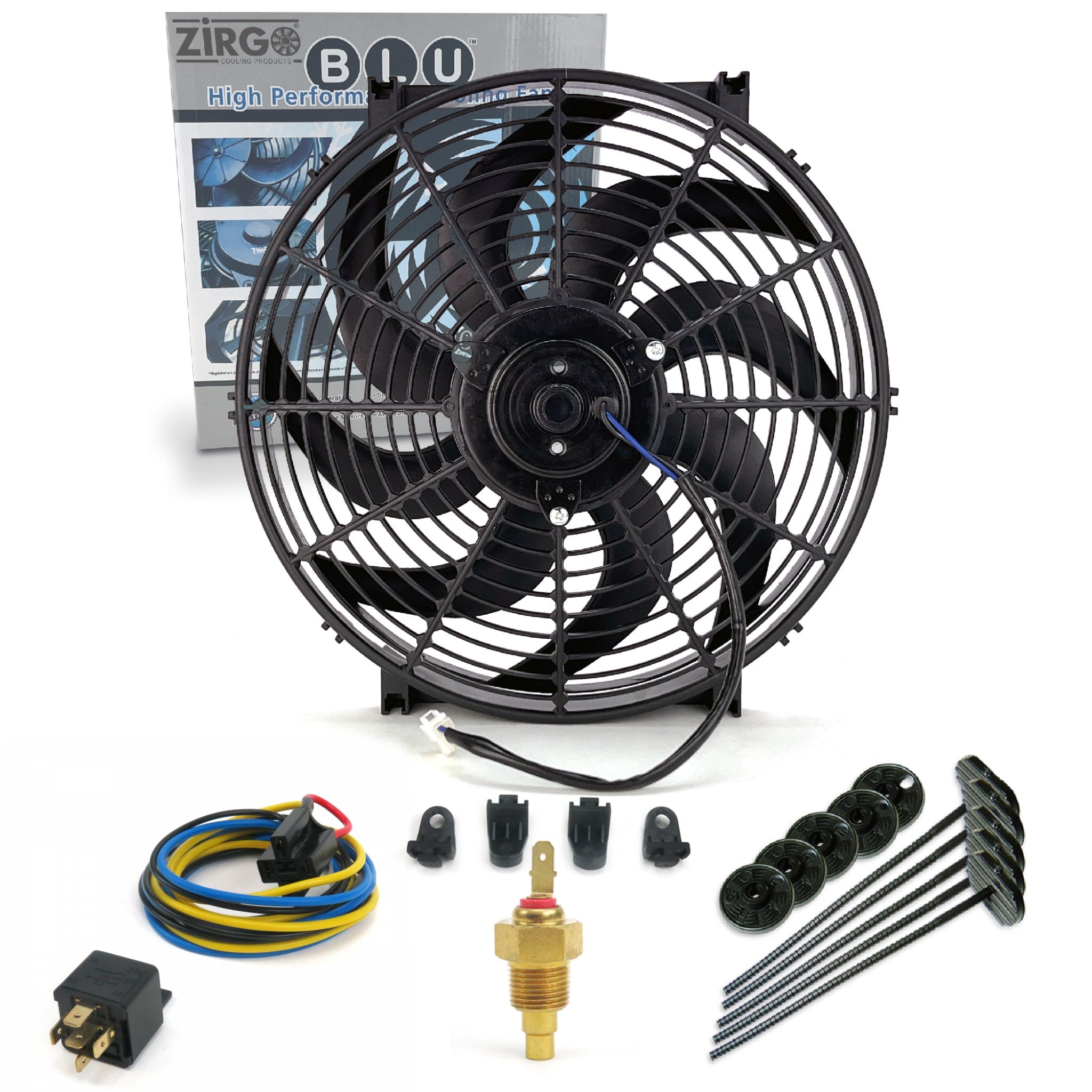 Zirgo Super Cool Pack 14" S Blade Fan - Complete Performance Cooling Kit 12V DC