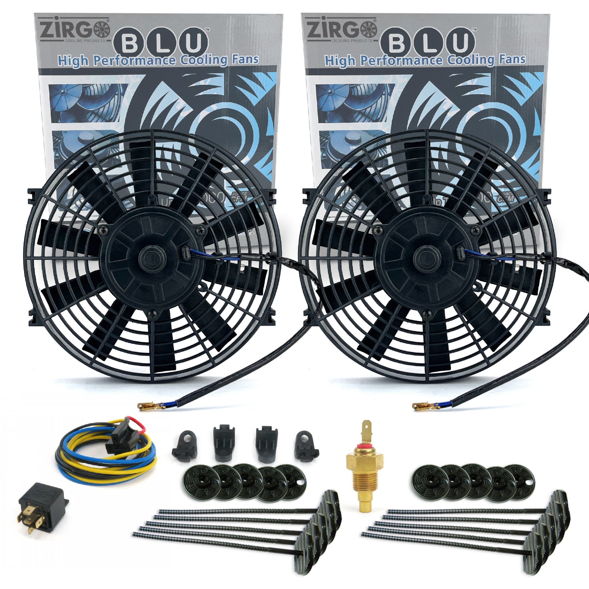 Zirgo Super Cool Pack 2 10" Performance Straight Blade Fan Temp Sensor Relay Kit