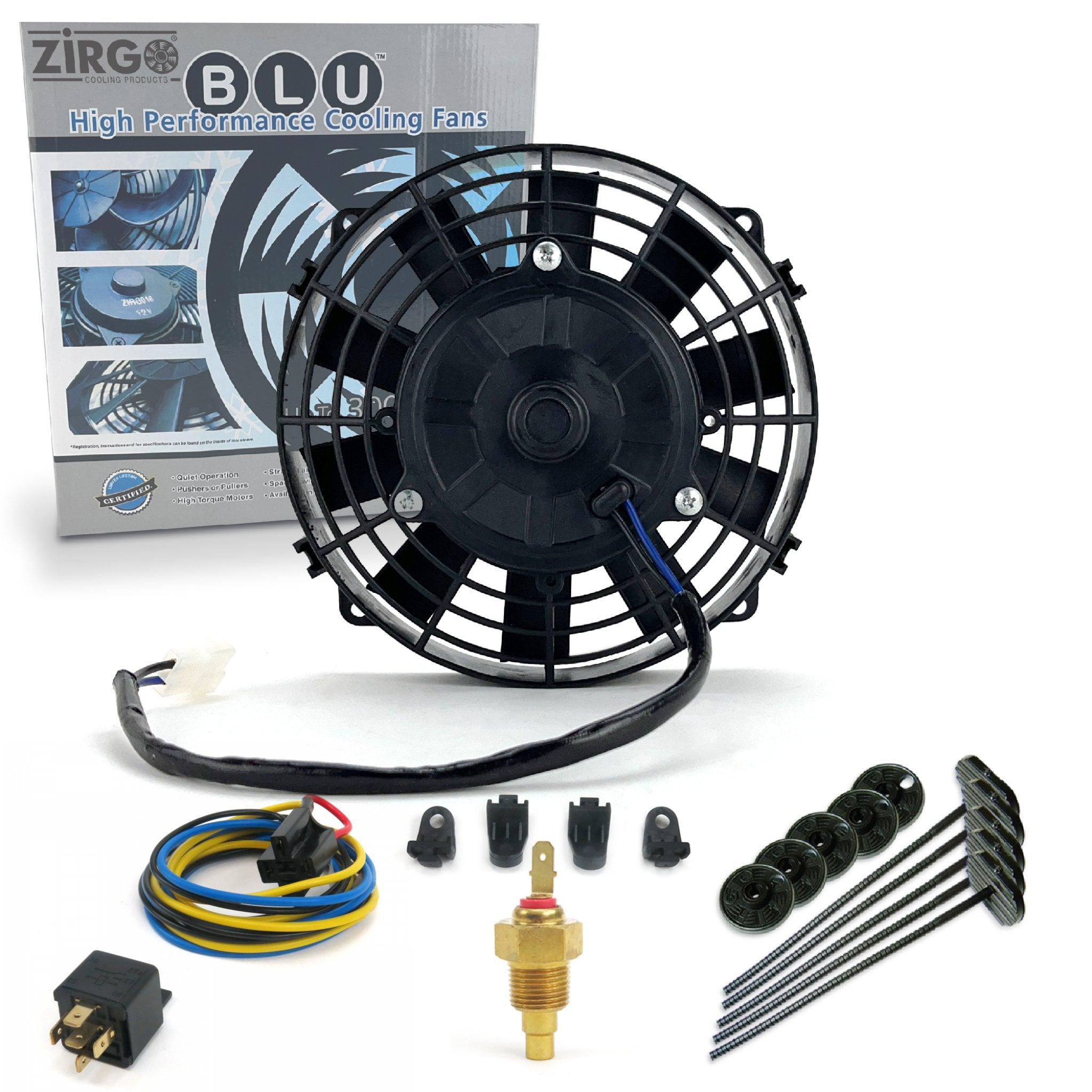 Zirgo Super Cool Pack 8" Performance Straight Blade Fan w/Temp Sensor, Relay Kit