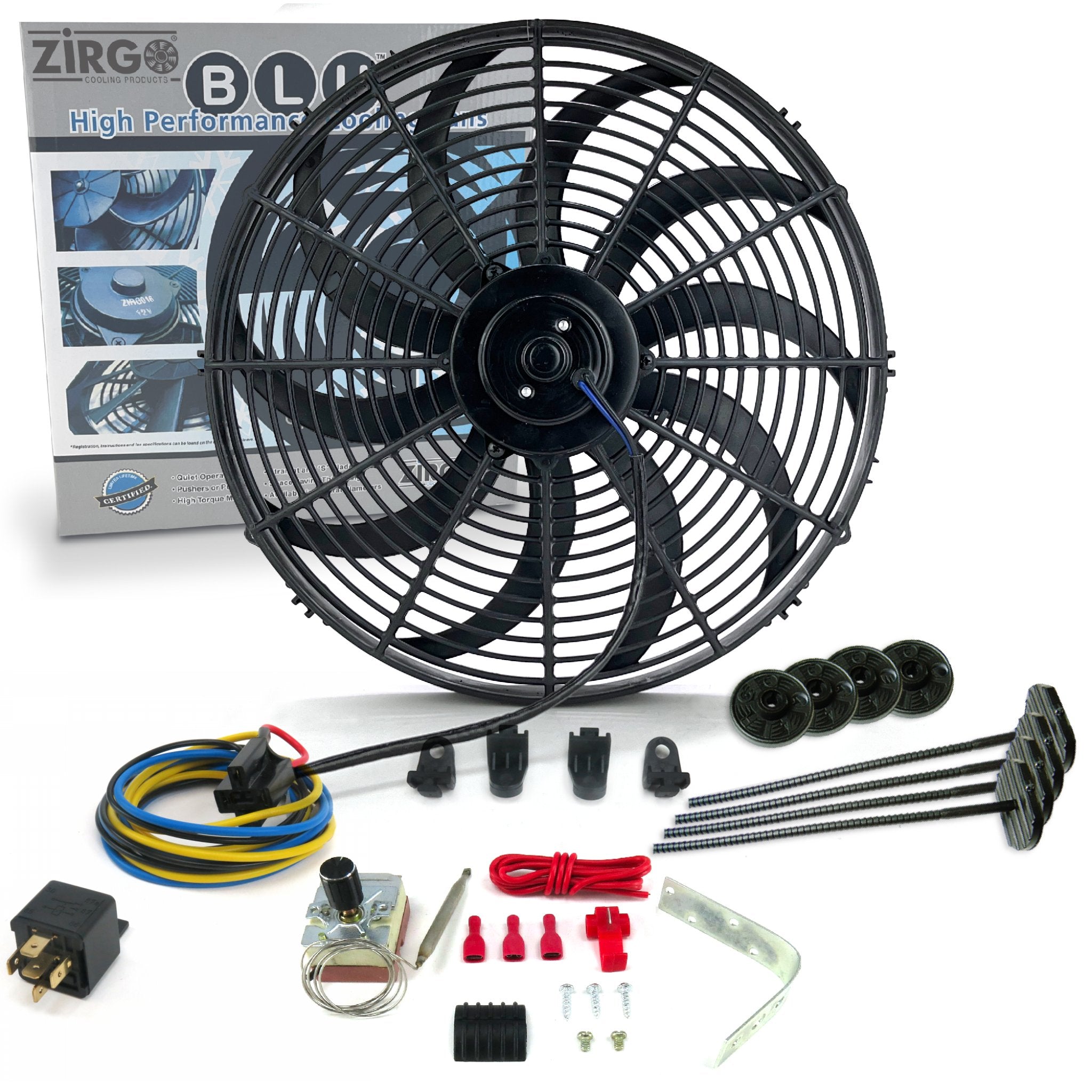 Zirgo Super Cool Pac 16" Curved S Blade Fan w/ Adjustable Temp Sensor, Relay Kit